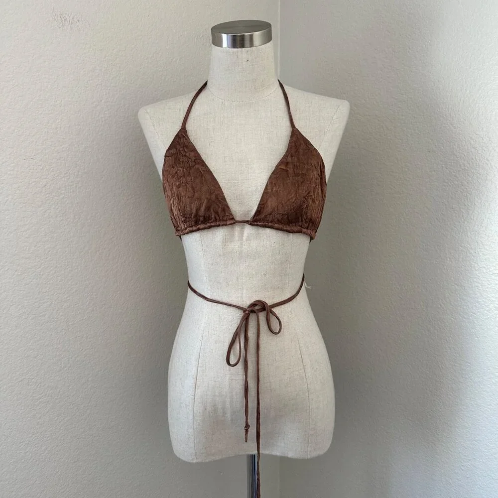SKIMS Triangle Bikini Swim Top Satin Logo String Tie Brown L